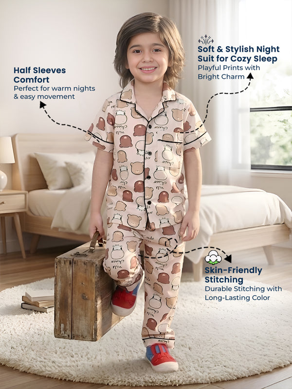 Polka Tots Half sleeves Cow print Night Suit - Brown