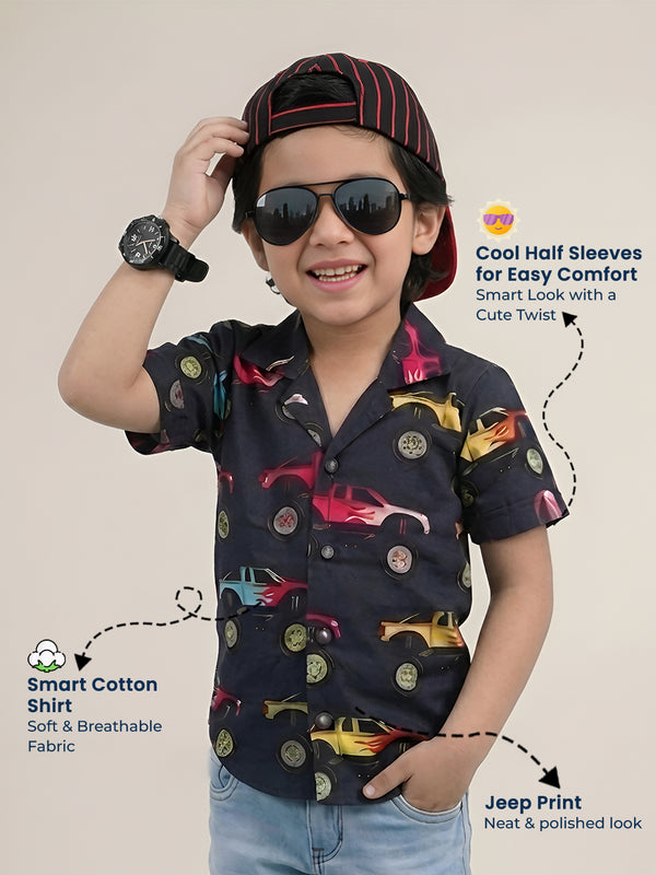 Polka Tots Half Sleeves Jeep print Shirt - Black