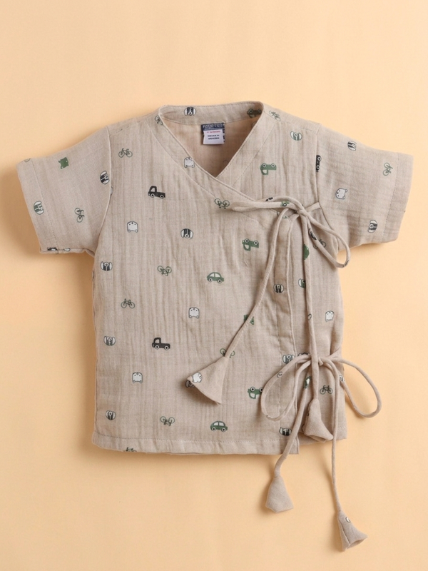 Polka Tots Soft Wrinkled Muslin Cotton Transport & Doodle Print Kediya Jhabla & Pant Set - Beige