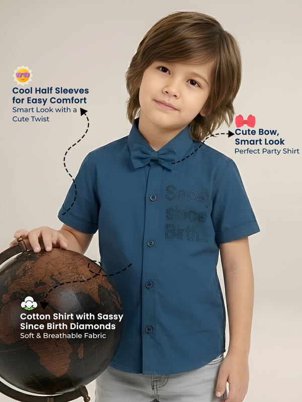 Polka Tots Cotton Regular Fit Sassy Since Birth Diamonds Party Wear Shirt With Bow Tie - Navy Blue