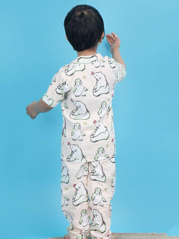 Polka Tots Half Sleeve Bear and Penguin print Night Suit - Peach