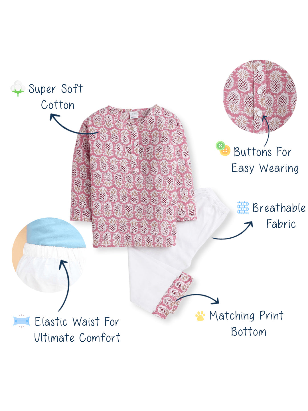 Polka Tots Pineapple print Full sleeves Nightwear Kurta pyjama set - Pink