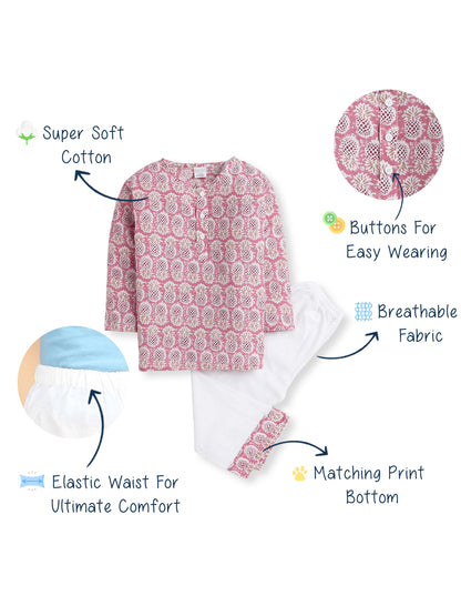 Polka Tots Pineapple print Full sleeves Nightwear Kurta pyjama set - Pink