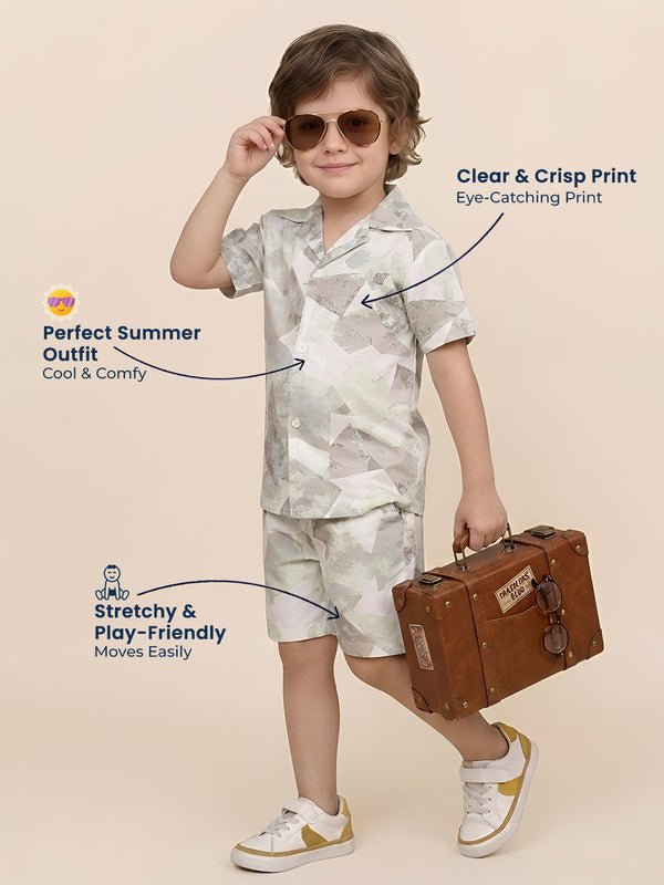 Polka Tots Cotton Half Sleeves Shirt With Shorts/Co-ord - White