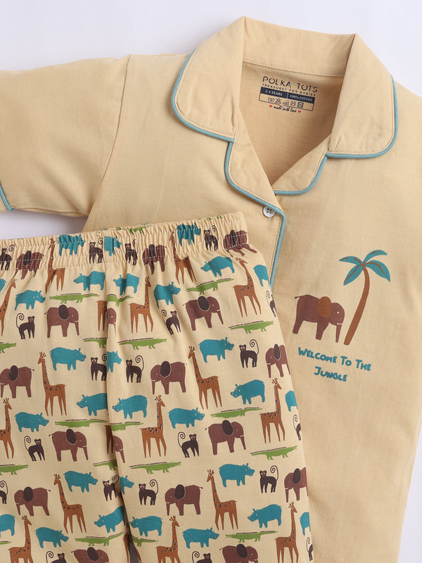 Polka Tots Half sleeves Jungle Club Print Night Suit - Multicolour