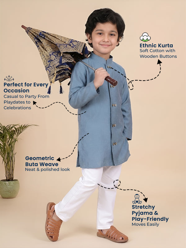 Polka Tots Full Sleeve Boys Geometric Buta Weave Ethnic Kurta Pyjama Set with Wooden Buttons - Blue
