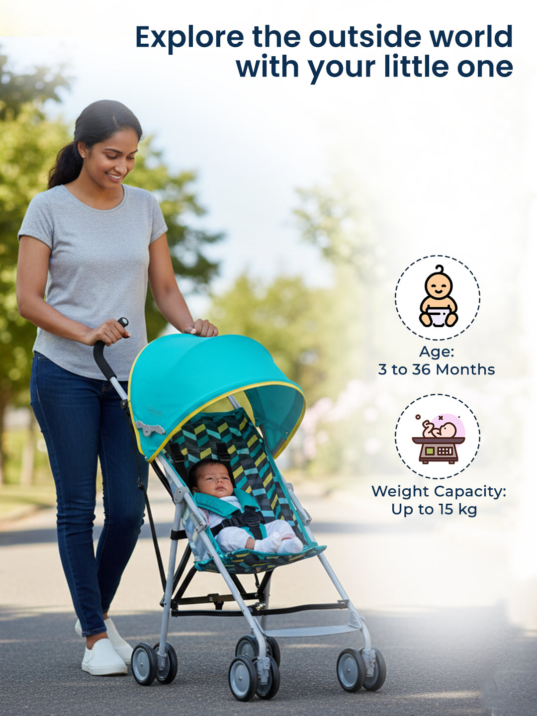 Woman pushing a turquoise stroller with a baby inside, walking outdoors.