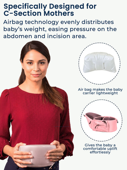 Baby carrier designed for C-section mothers with airbag technology, featuring a woman holding a baby carrier.