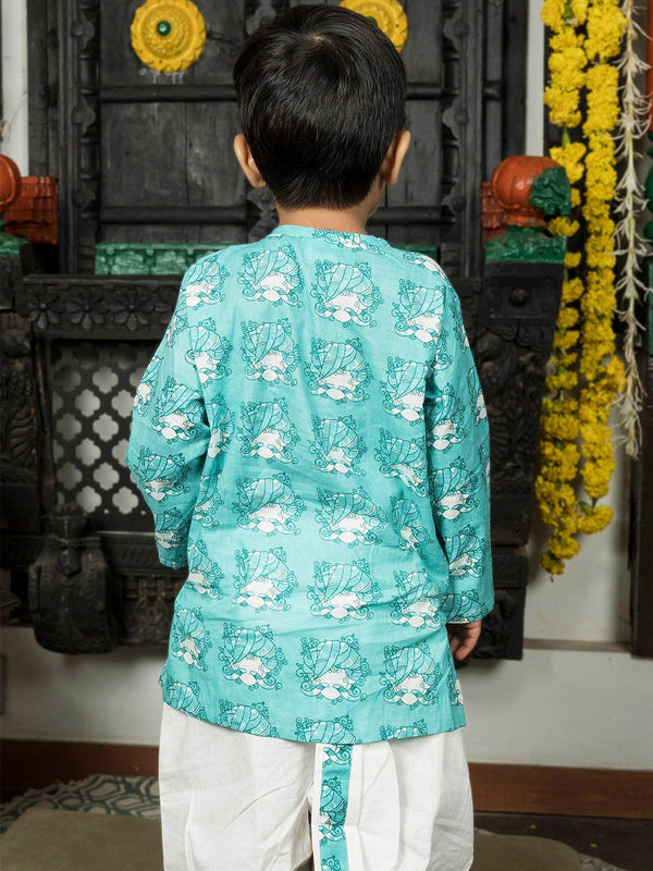 Polka Tots 100% Super Soft Cotton Tribal Print Full Sleeve Kurta With Dhoti Set - Sky Blue