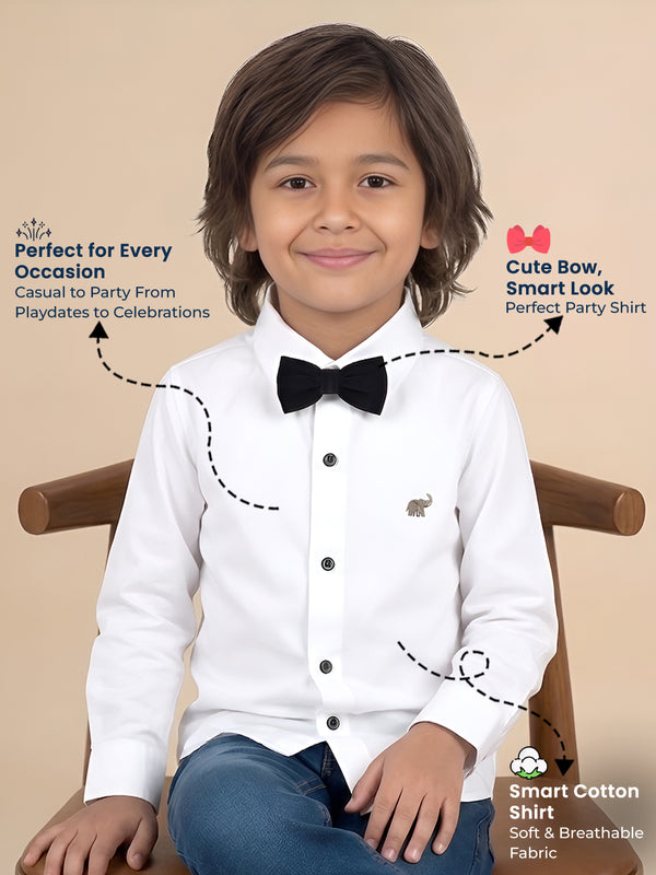 Polka Tots Full Sleeves Solid Shirt With Bow Tie - White