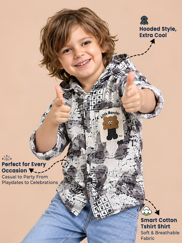 Polka Tots Full Sleeves Abstract Scribble Print Hooded Kids Shirt with Smiley Patch - Cream