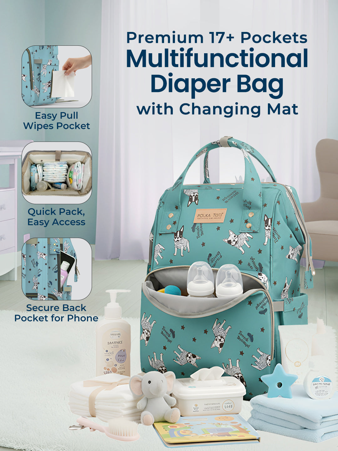 Multifunctional diaper bag with changing mat and various compartments on a neutral background
