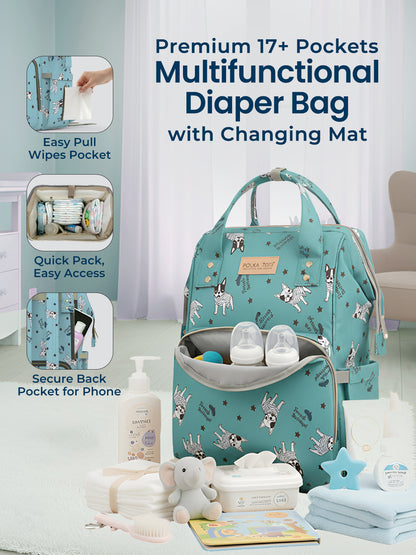 Multifunctional diaper bag with changing mat and various compartments on a neutral background