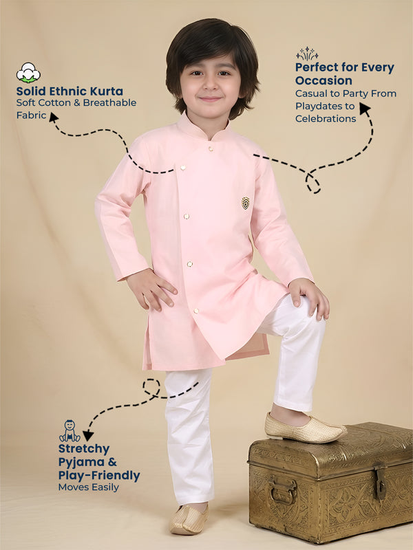 Polka Tots Full Sleeve Solid Ethnic Kurta Pyjama Set - Peach