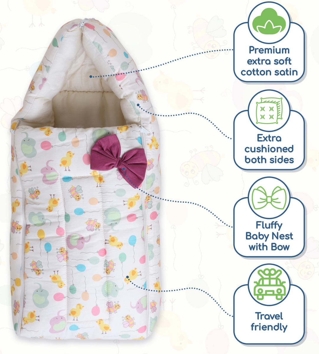 Polka Tots Baby Sleeping Nest Cotton Carry Pod Bedding for Newborn Sleeping Bag with a Bow - Balloon print Yellow