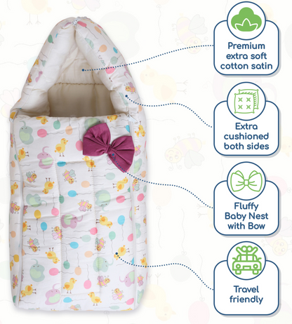 Polka Tots Baby Sleeping Nest Cotton Carry Pod Bedding for Newborn Sleeping Bag with a Bow - Balloon print Yellow