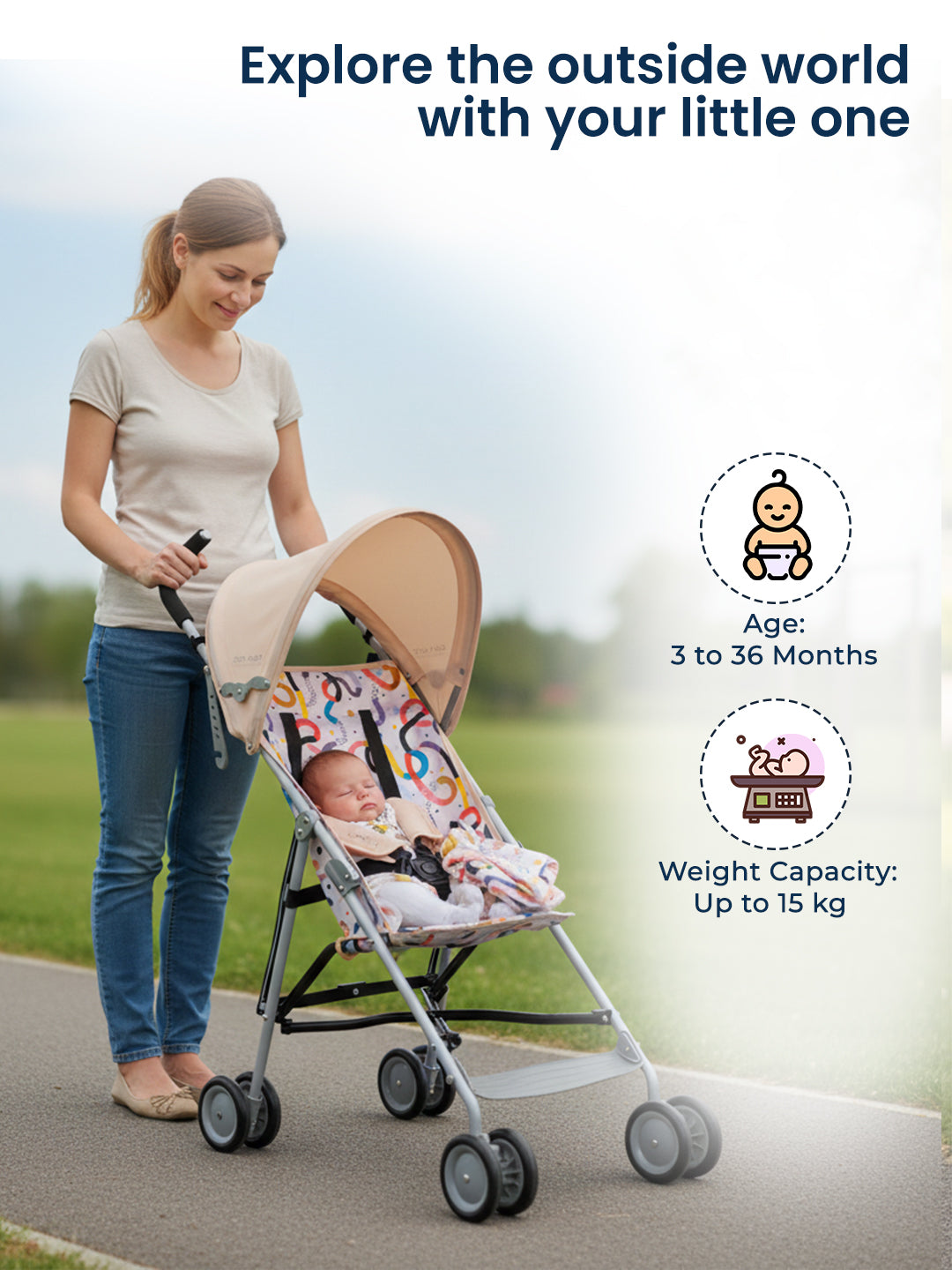 Woman pushing a stroller with a baby inside, set against a blurred outdoor background.