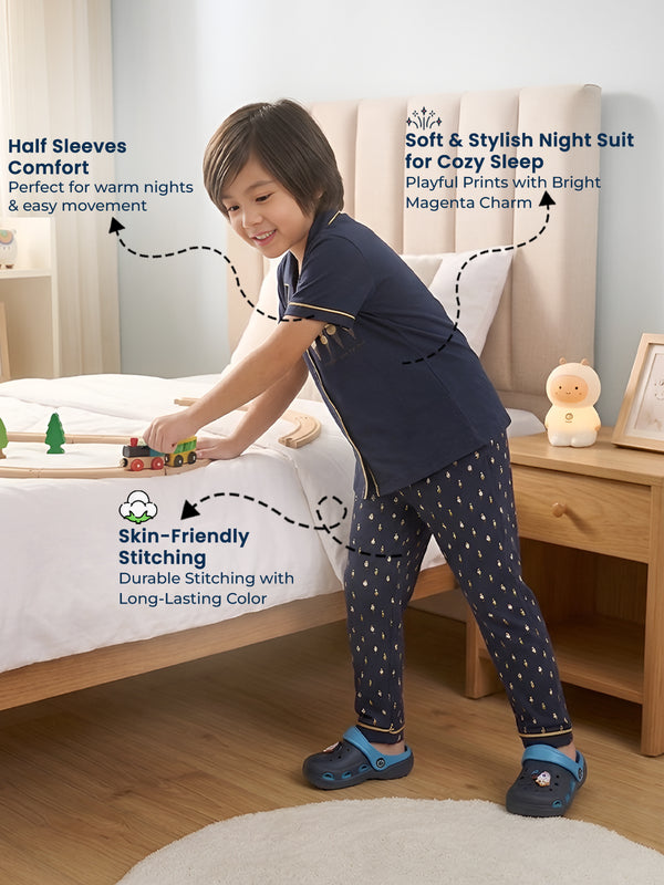 Polka Tots Half sleeves Ice cream Print Night Suit - Navy