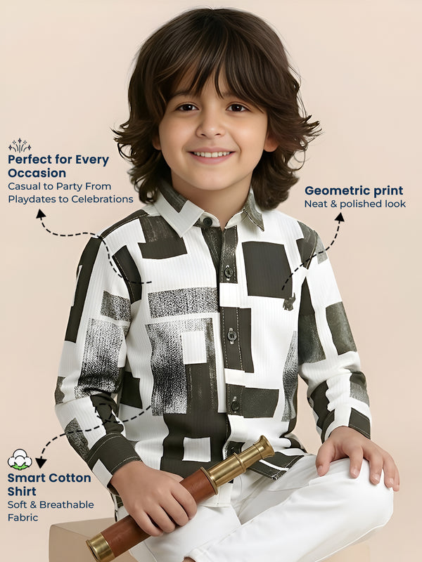 Polka Tots Full Sleeves Geometric print Shirt - Brown