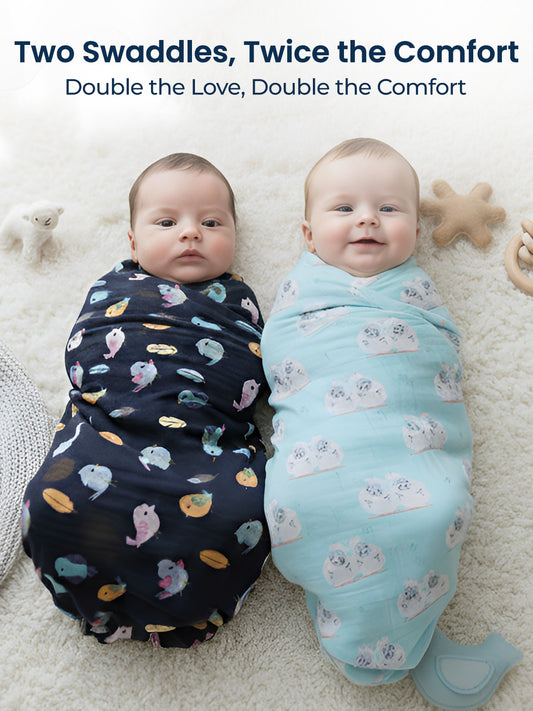 Polka Tots Organic Cotton Swaddle Wrap Bird & Sheep Design Large Size 120 x 120 CM (Pack of 2)