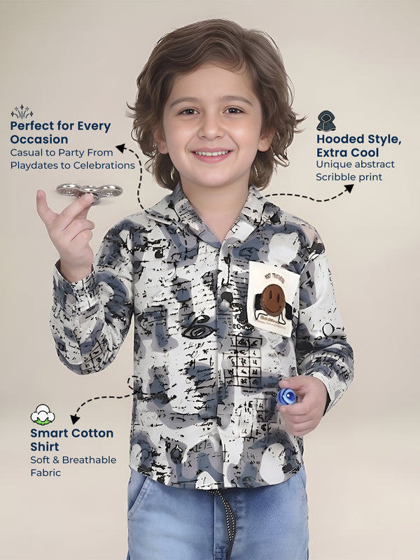 Polka Tots Full Sleeves Abstract Scribble Print Hooded Kids Shirt with Smiley Patch - Blue