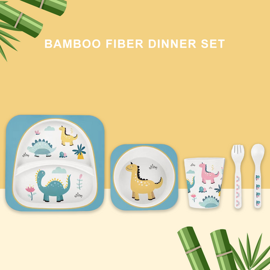 Polka Tots Eco Friendly Bamboo Fiber Kids Dinner Set (Dino) - Blue