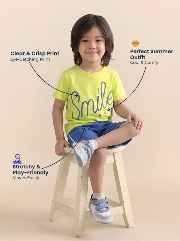Polka Tots Half Sleeves Smile print T-Shirt Shorts - Neon and Blue