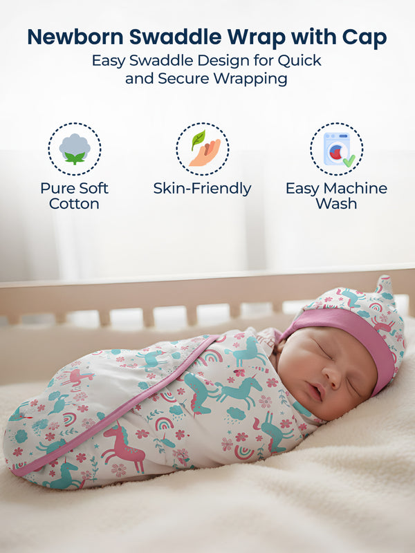 Polka Tots Unicorn print swaddle wrap with Cap - Multicolor