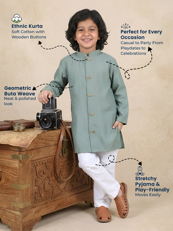 Polka Tots Full Sleeve Boys Geometric Buta Weave Ethnic Kurta Pyjama Set with Wooden Buttons - Green