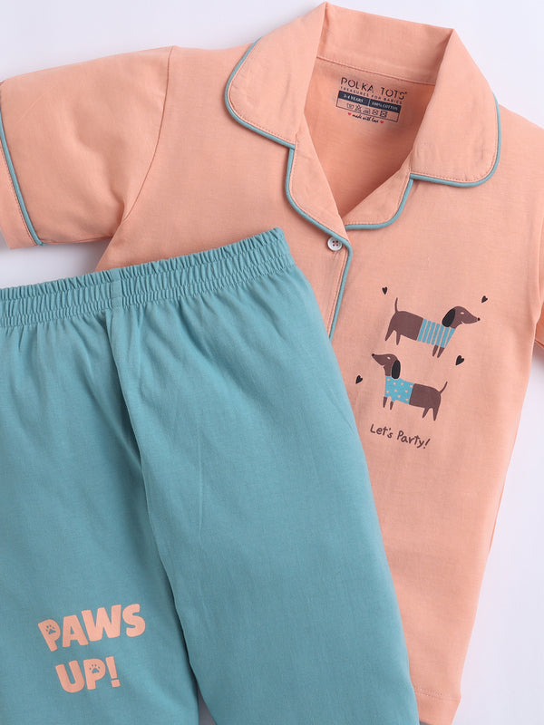 Polka Tots Half sleeves Dog Party Print Night Suit - PEACH
