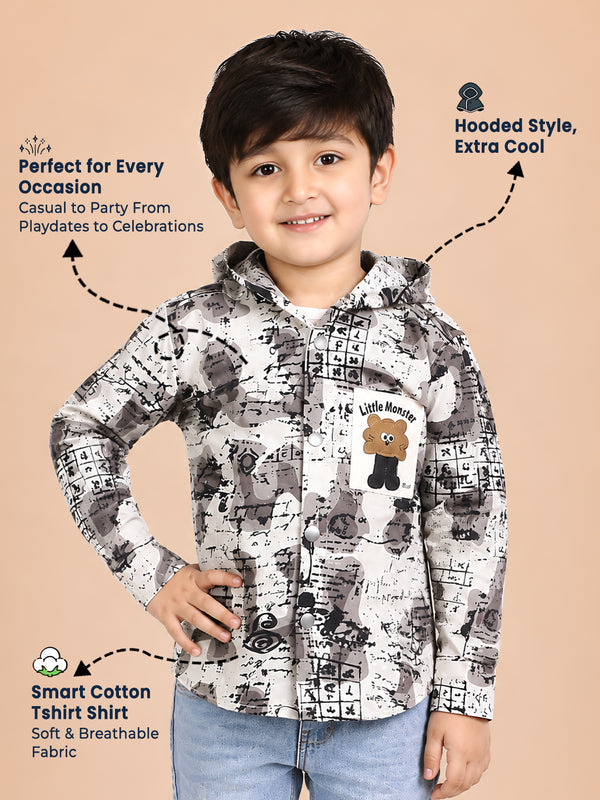 Polka Tots Full Sleeves Abstract Scribble Print Hooded Kids Shirt with Smiley Patch - Cream