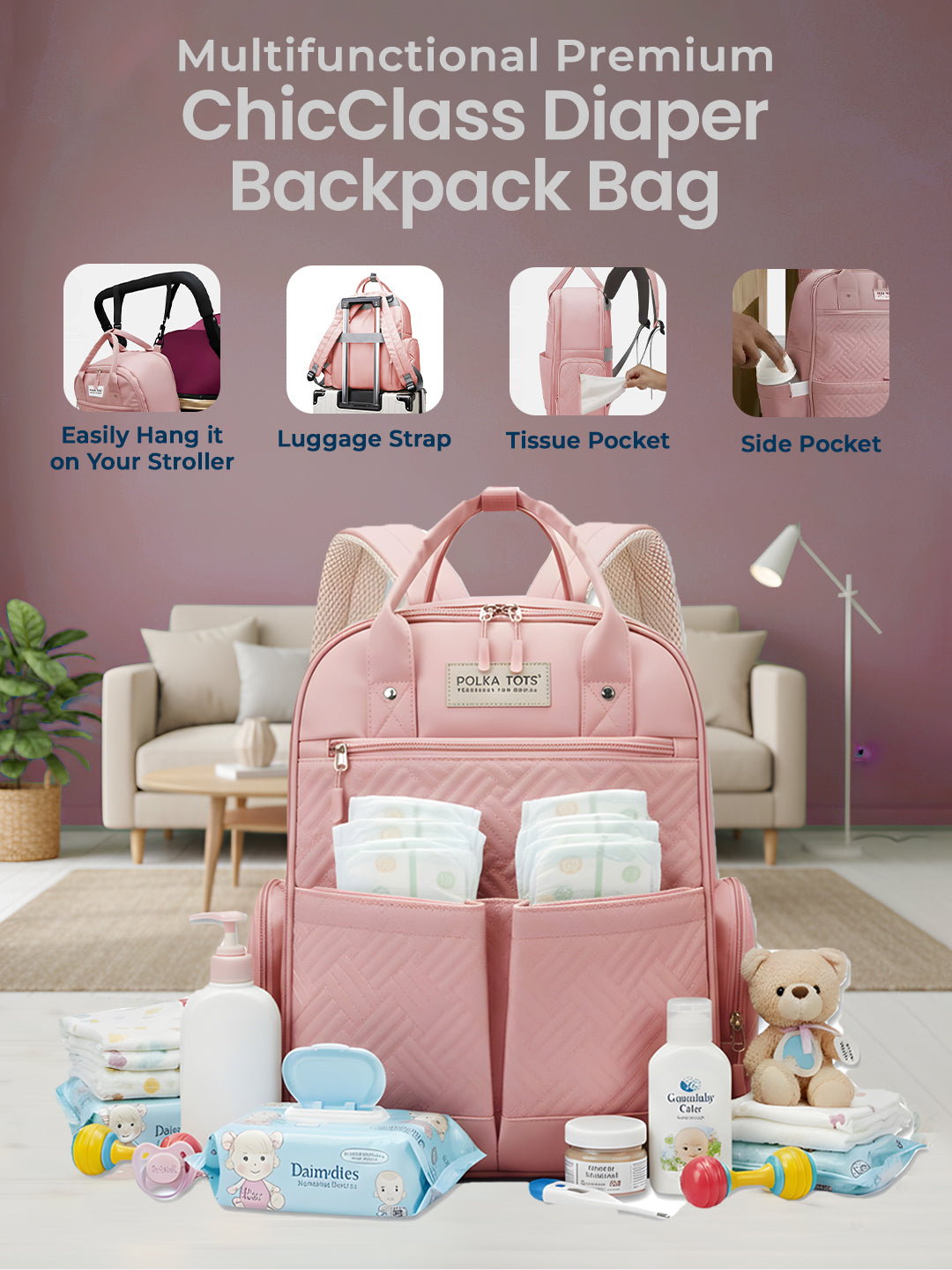 Multifunctional Premium ChicClass Diaper Backpack Bag – Nude Peach