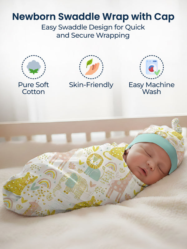 Polka Tots Jungle Print Swaddle wrap with Cap - Multicolor