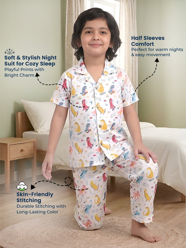Polka Tots Half Sleeve Dinosaur print Night Suit - Multicolor