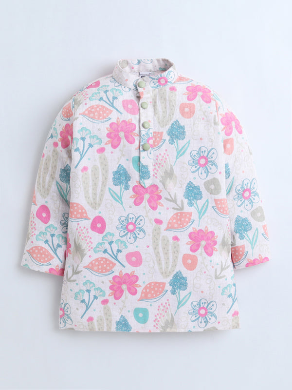 Polka Tots Floral print Full Sleeves Ethnic Kurta pyjama set - Multicolor