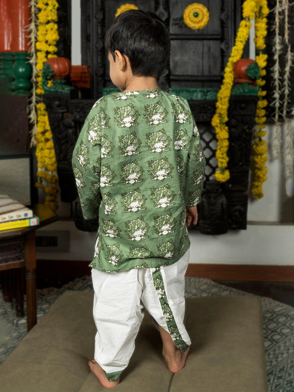 Polka Tots 100% Super Soft Cotton Tribal Print Full Sleeve Kurta With Dhoti Set - Green