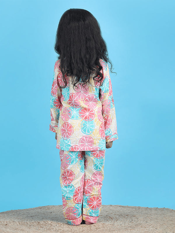 Polka Tots Full sleeves Lemon print Night Suit - Multicolor