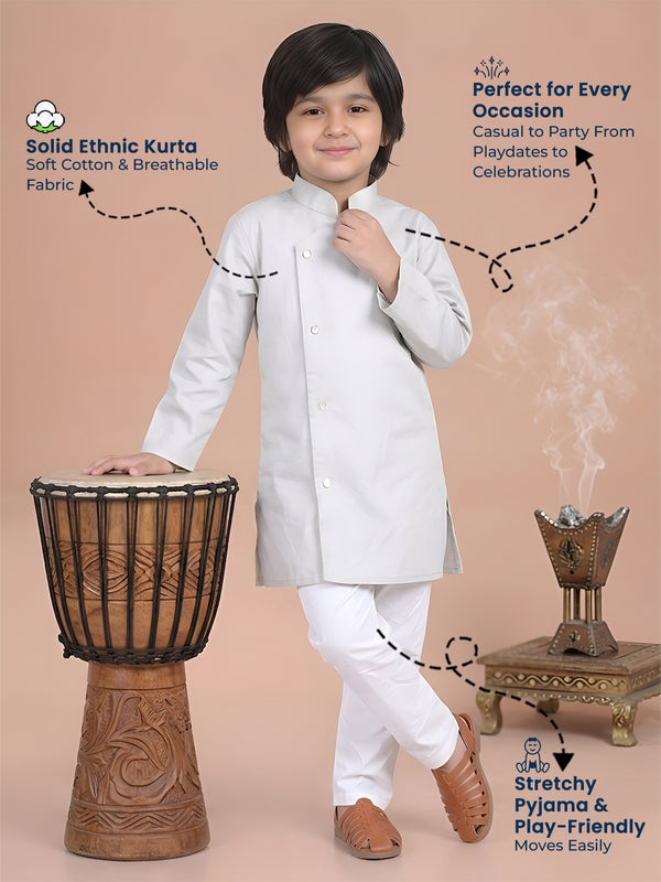 Polka Tots Full Sleeve Solid Ethnic Kurta Pyjama Set - Grey