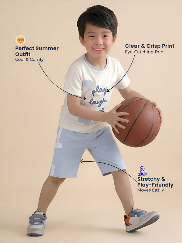 Polka Tots Half Sleeves Play, Laugh & Smile Print T-Shirt Shorts - White and Blue