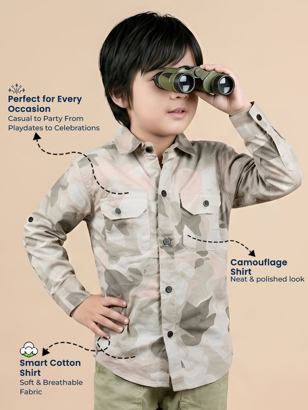 Polka Tots Full sleeve camouflage shirt - Grey and Pink