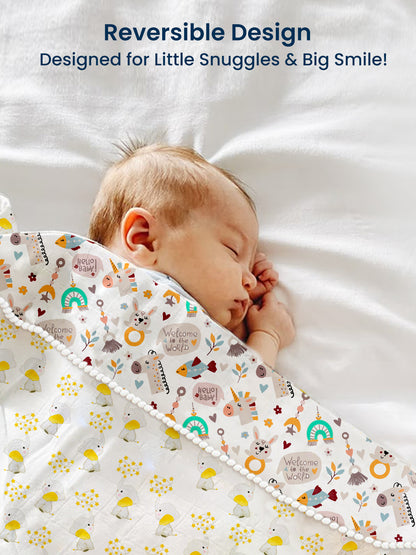 Polka Tots 100% Soft Muslin Cotton 3-Layer Reversible Baby Blanket/Dohar with Pom-Pom Lace - Jumbo Jr. & Hello Baby Print