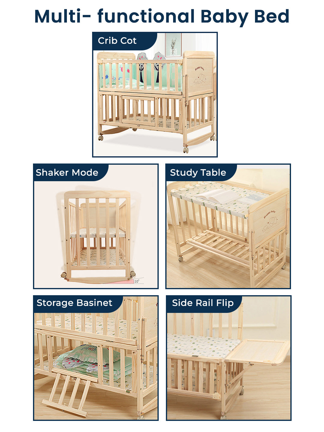 Multi-functional baby bed with various modes including crib cot, shaker mode, study table, storage basinet, and side rail flip.