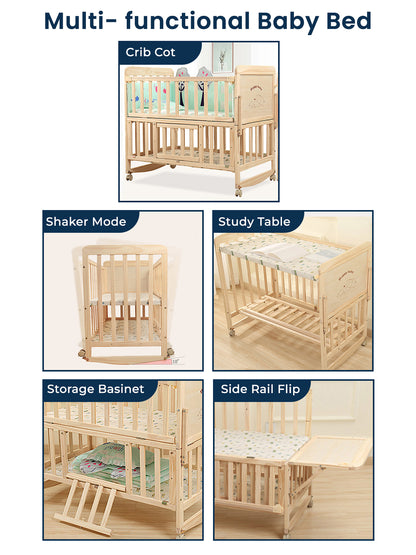 Multi-functional baby bed with various modes including crib cot, shaker mode, study table, storage basinet, and side rail flip.