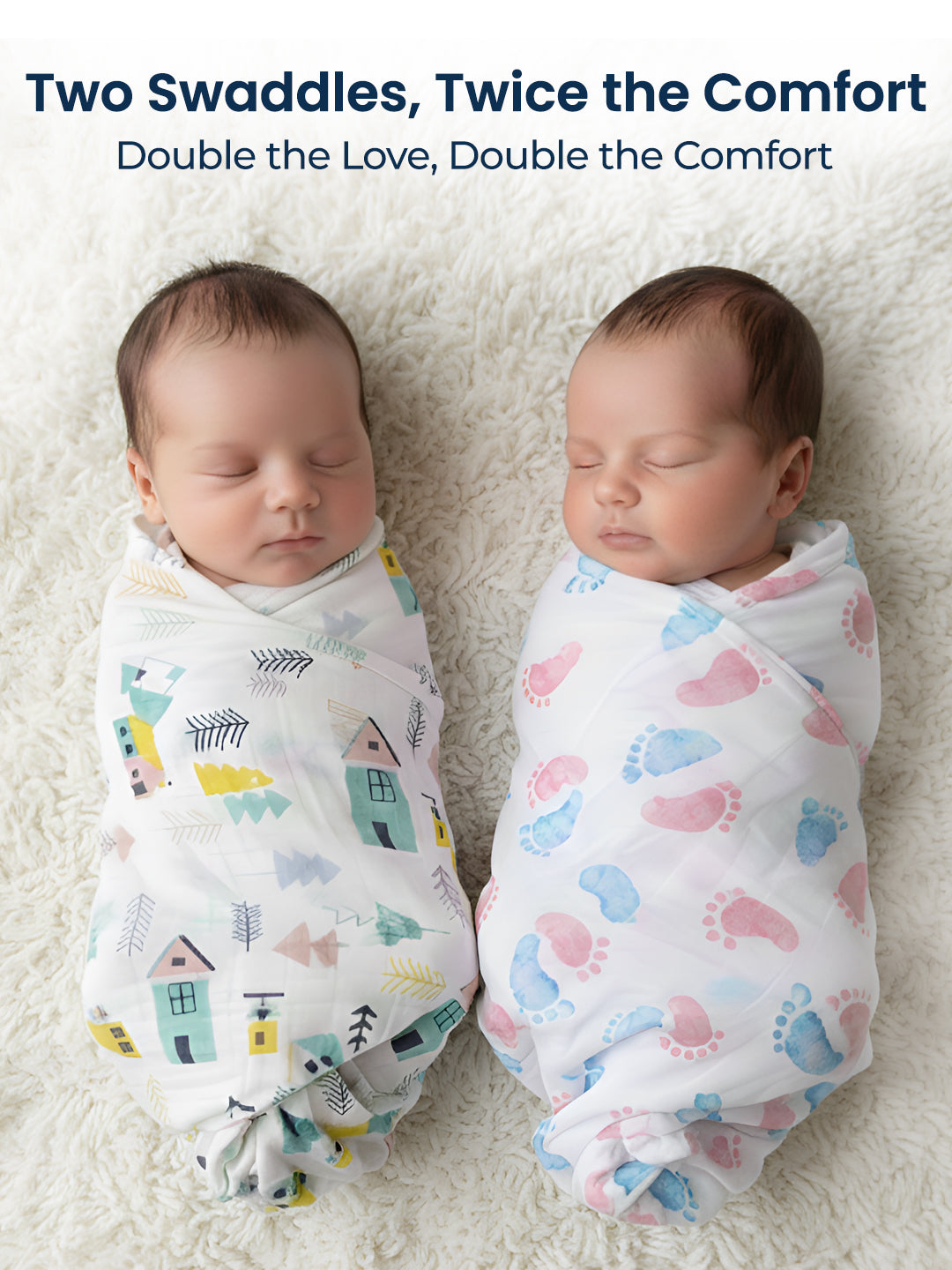 Two swaddled babies on a white surface with text about swaddles providing comfort.