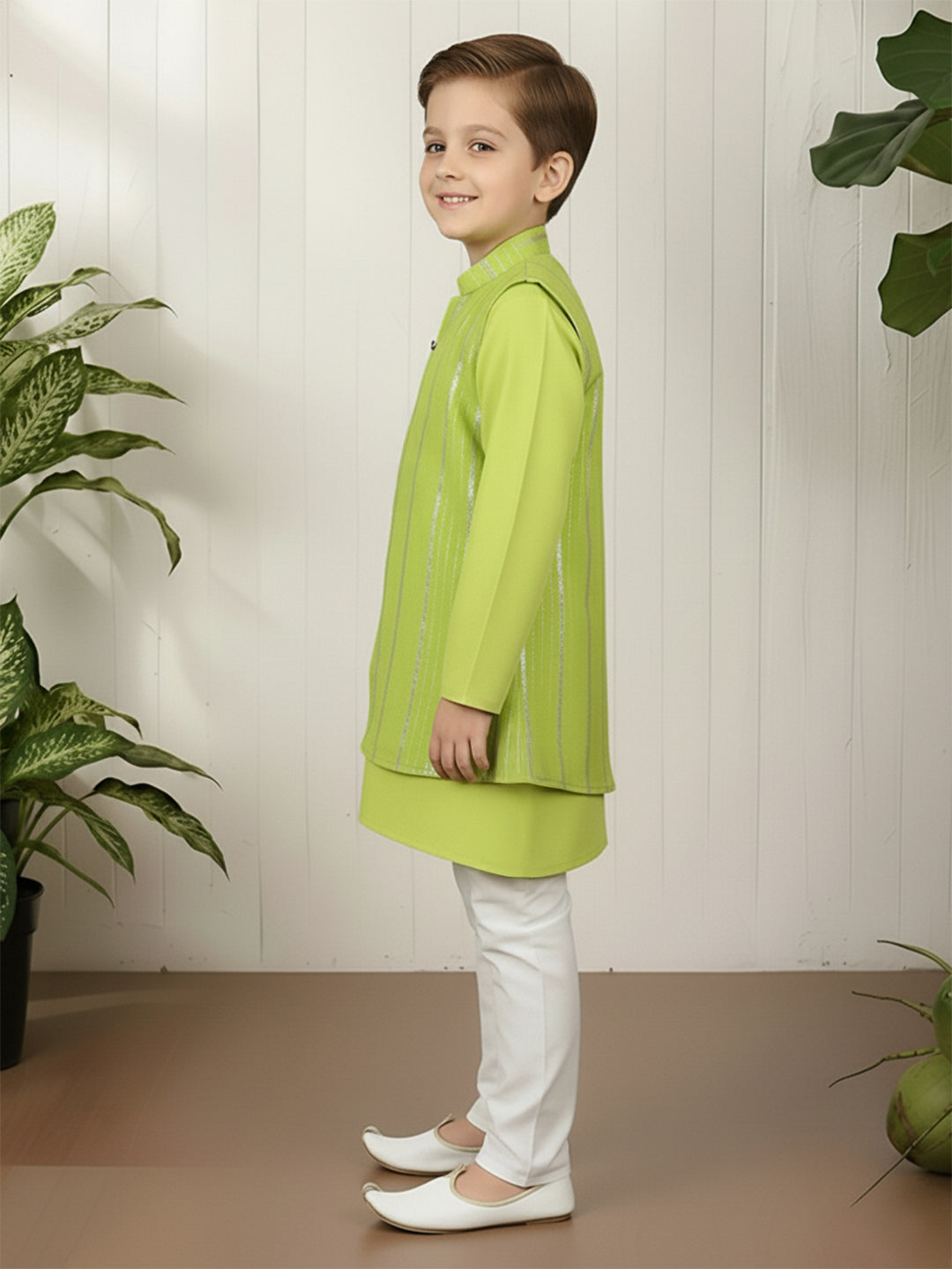 Polka Tots Full Sleeve Ethnic Kurta Pyjama Set with Foil Striped Koti - Neon Green