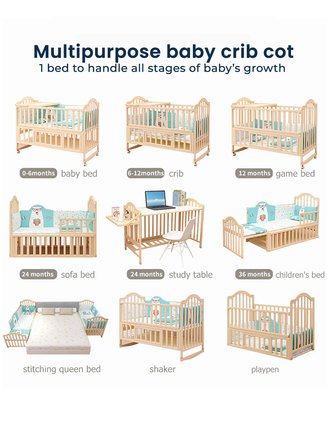 Multifunctional baby crib cot showing its use from baby bed to children's bed over time.