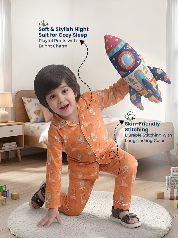 Polka Tots Full sleeve Lion and Giraffe Print Night suit - Orange