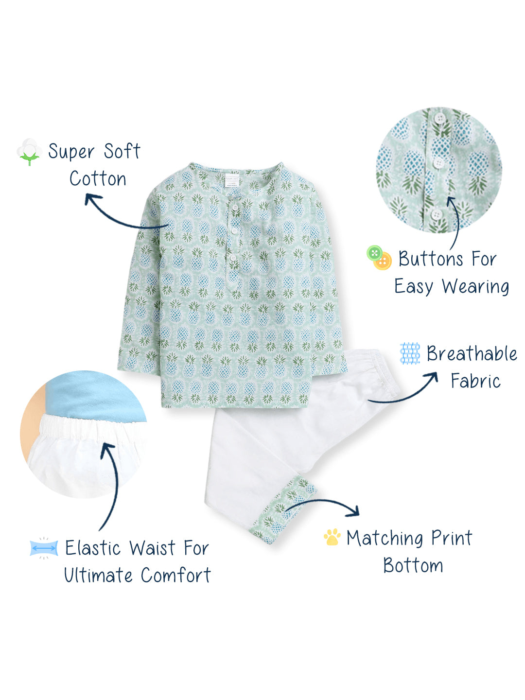 Polka Tots Pineapple print Full sleeves Nightwear Kurta pyjama set - Green