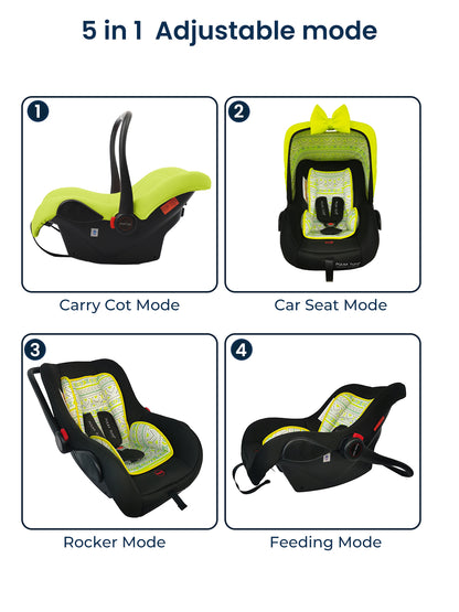 Illustrations of a 5-in-1 adjustable baby seat in various modes on a white background.