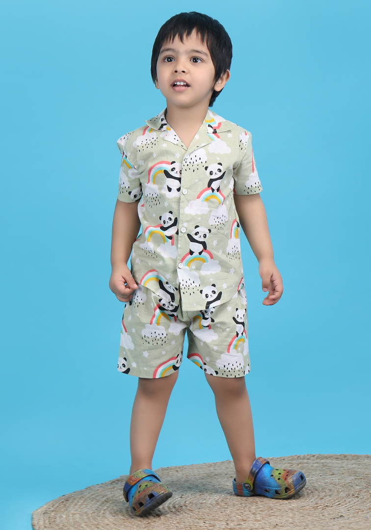 Polka Tots Half Sleeves Panda print Co-ord Shorts - Green